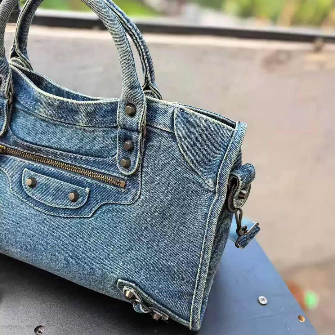 Vintage Washed Denim Moto City Bag