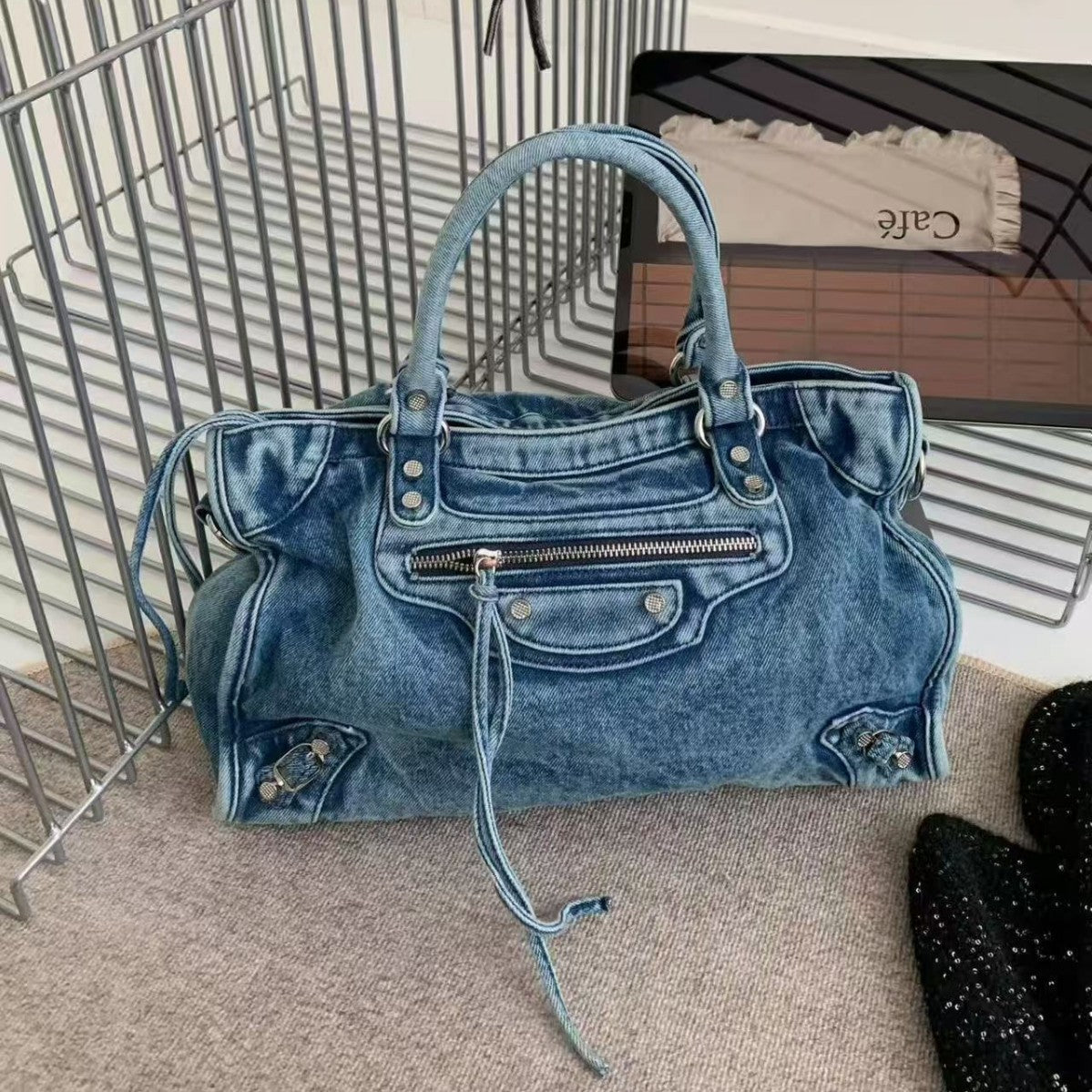 Vintage Washed Denim Moto City Bag