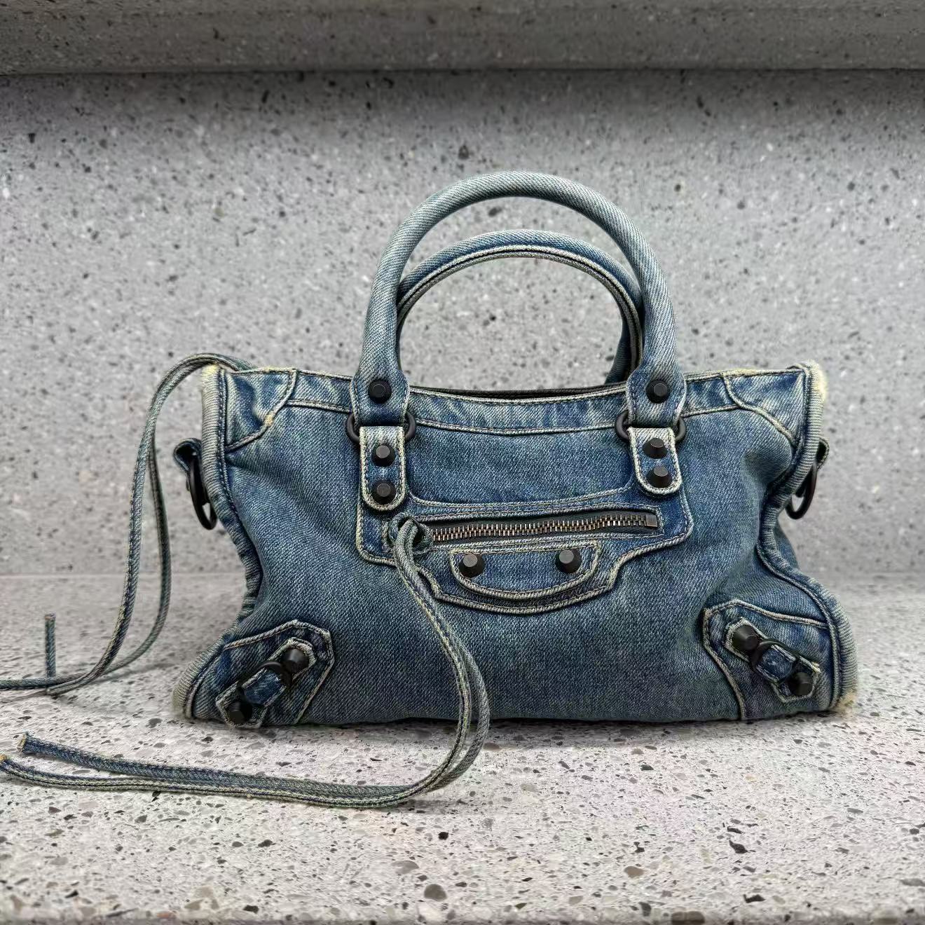 Vintage Washed Denim Moto City Bag