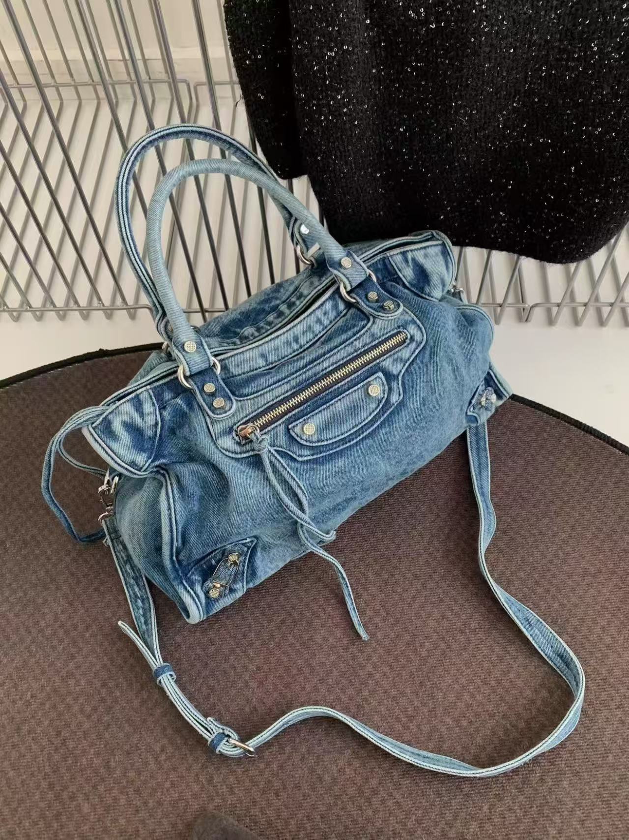 Vintage Washed Denim Moto City Bag