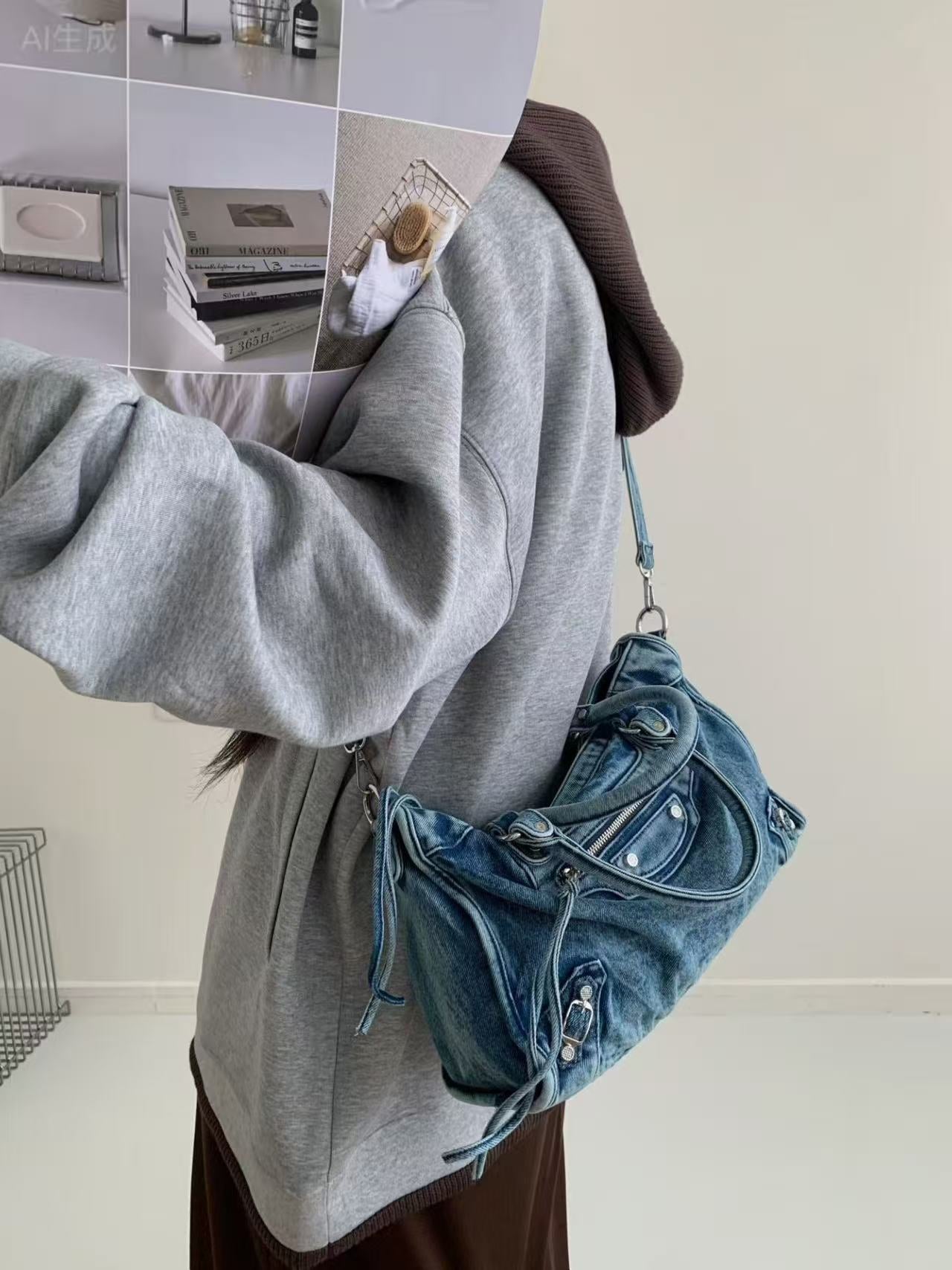 Vintage Washed Denim Moto City Bag