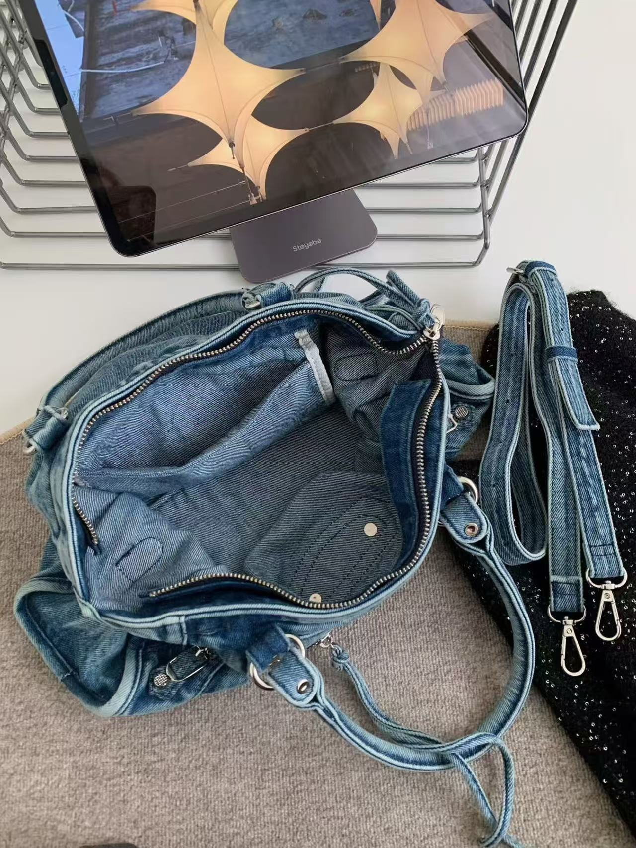 Vintage Washed Denim Moto City Bag