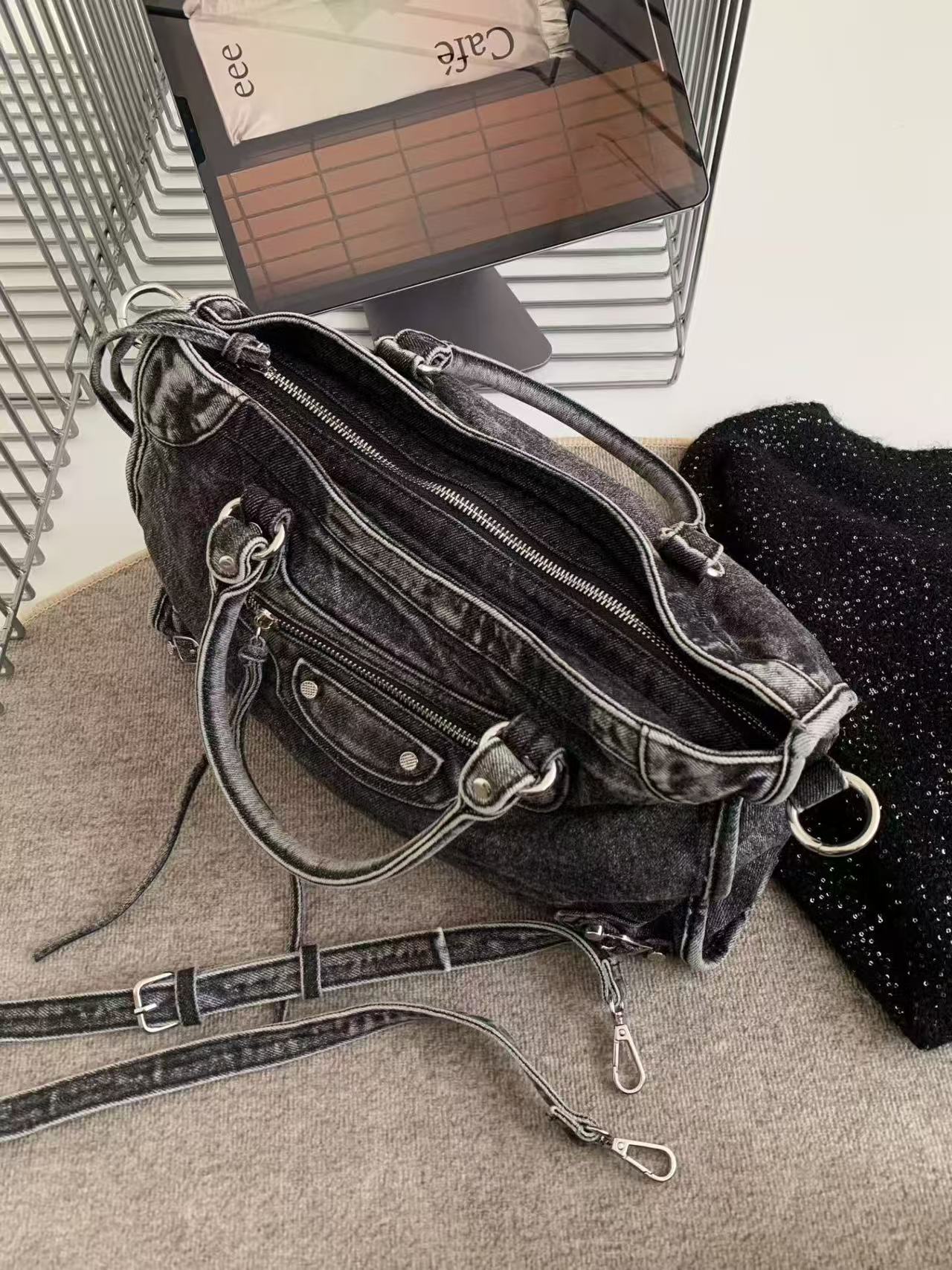 Vintage Washed Denim Moto City Bag