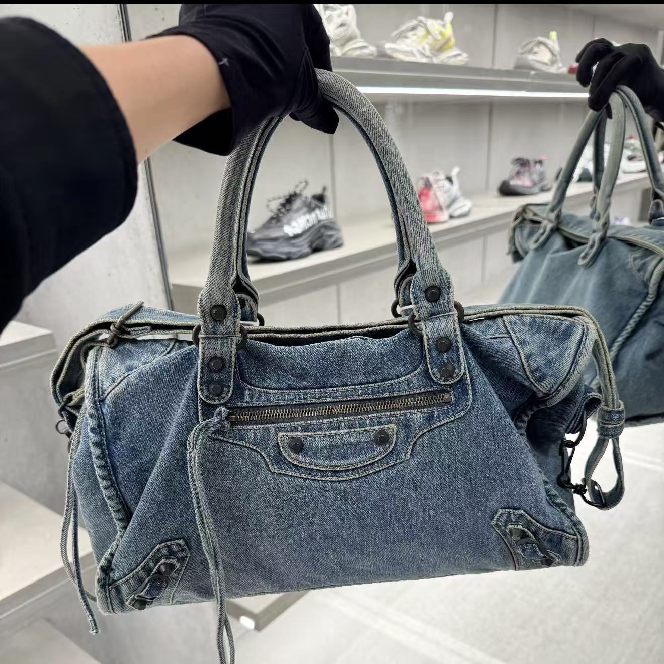 Vintage Washed Denim Moto City Bag