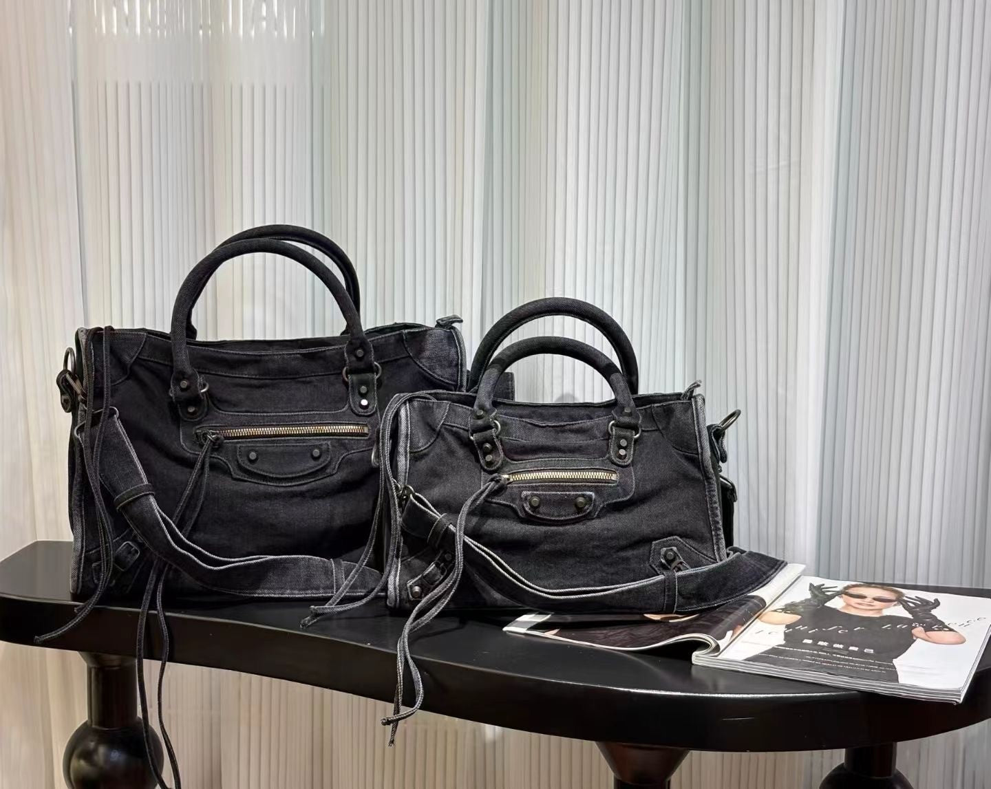 Vintage Washed Denim Moto City Bag