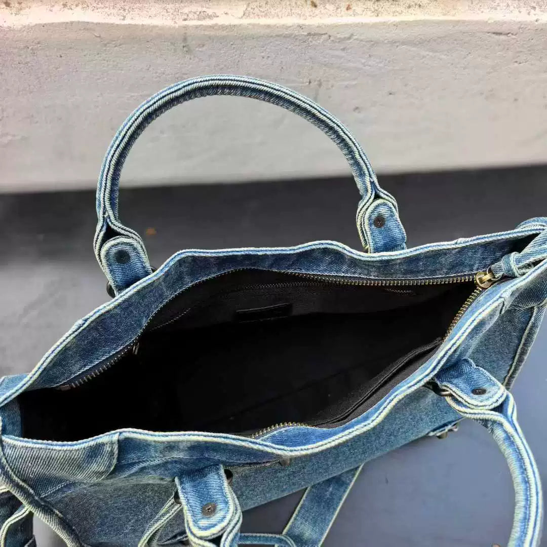Vintage Washed Denim Moto City Bag