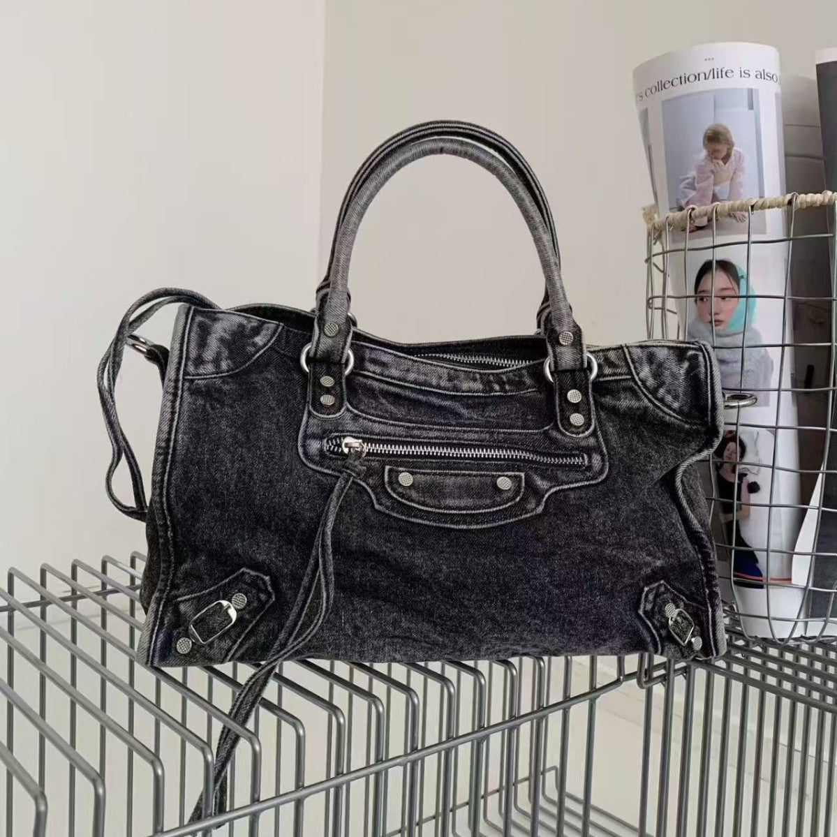 Vintage Washed Denim Moto City Bag