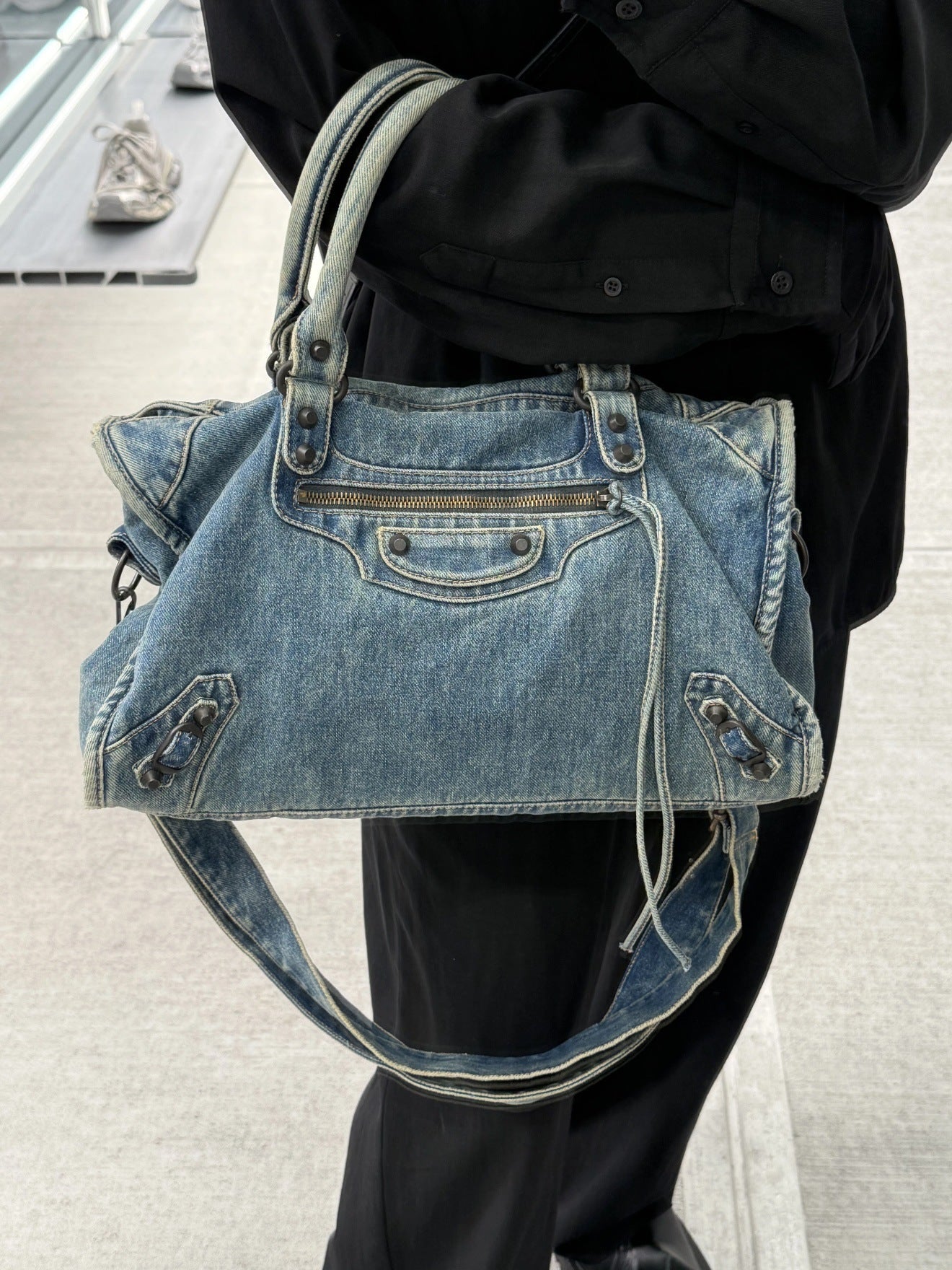 Vintage Washed Denim Moto City Bag