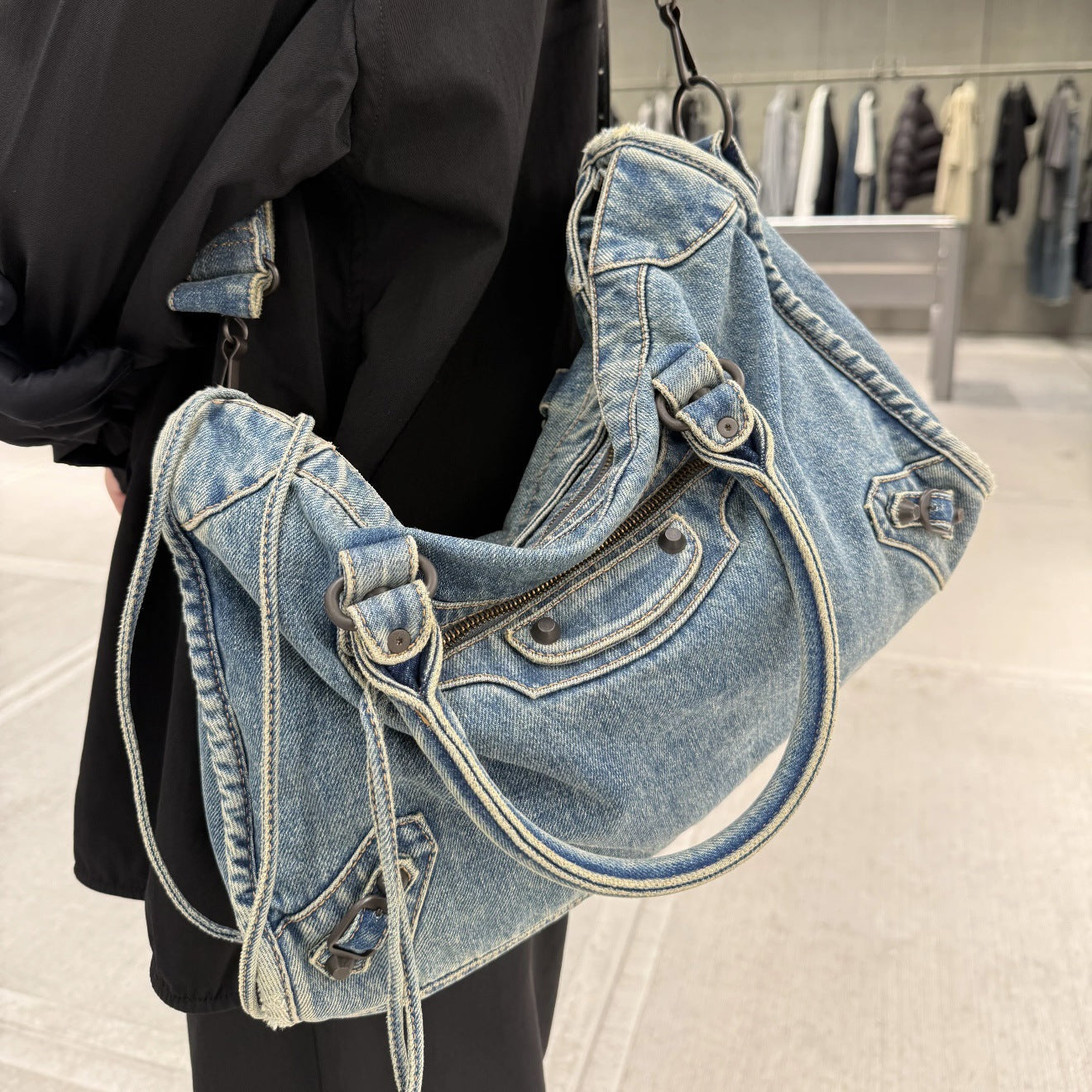 Vintage Washed Denim Moto City Bag