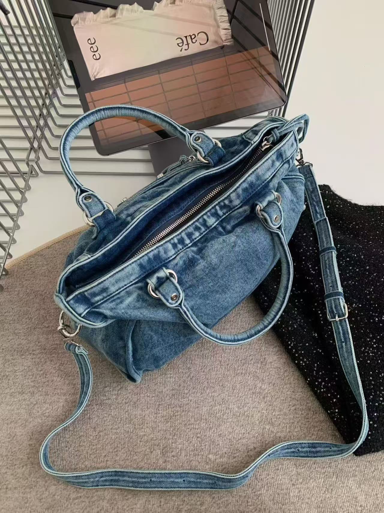 Vintage Washed Denim Moto City Bag