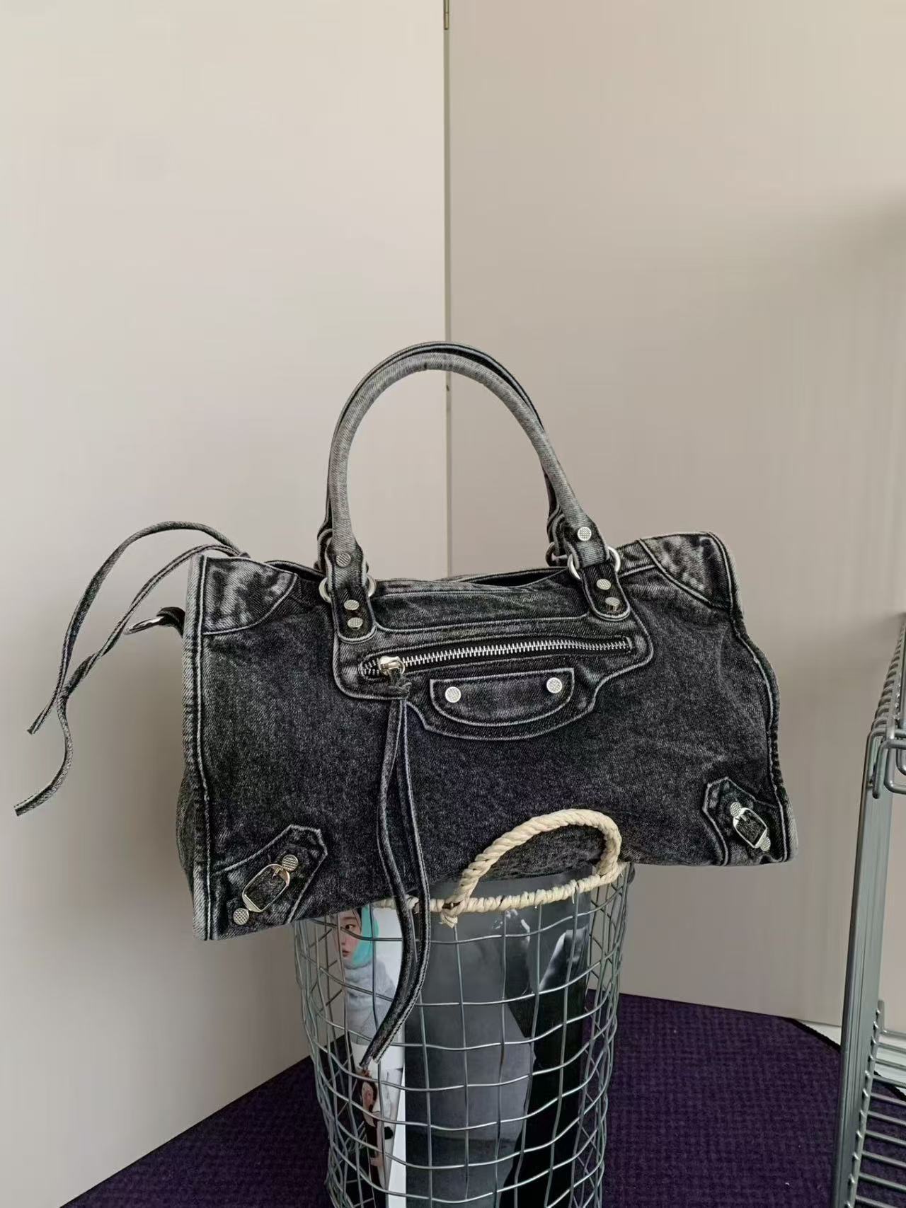 Vintage Washed Denim Moto City Bag