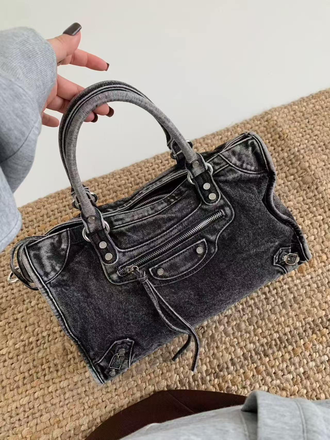 Vintage Washed Denim Moto City Bag