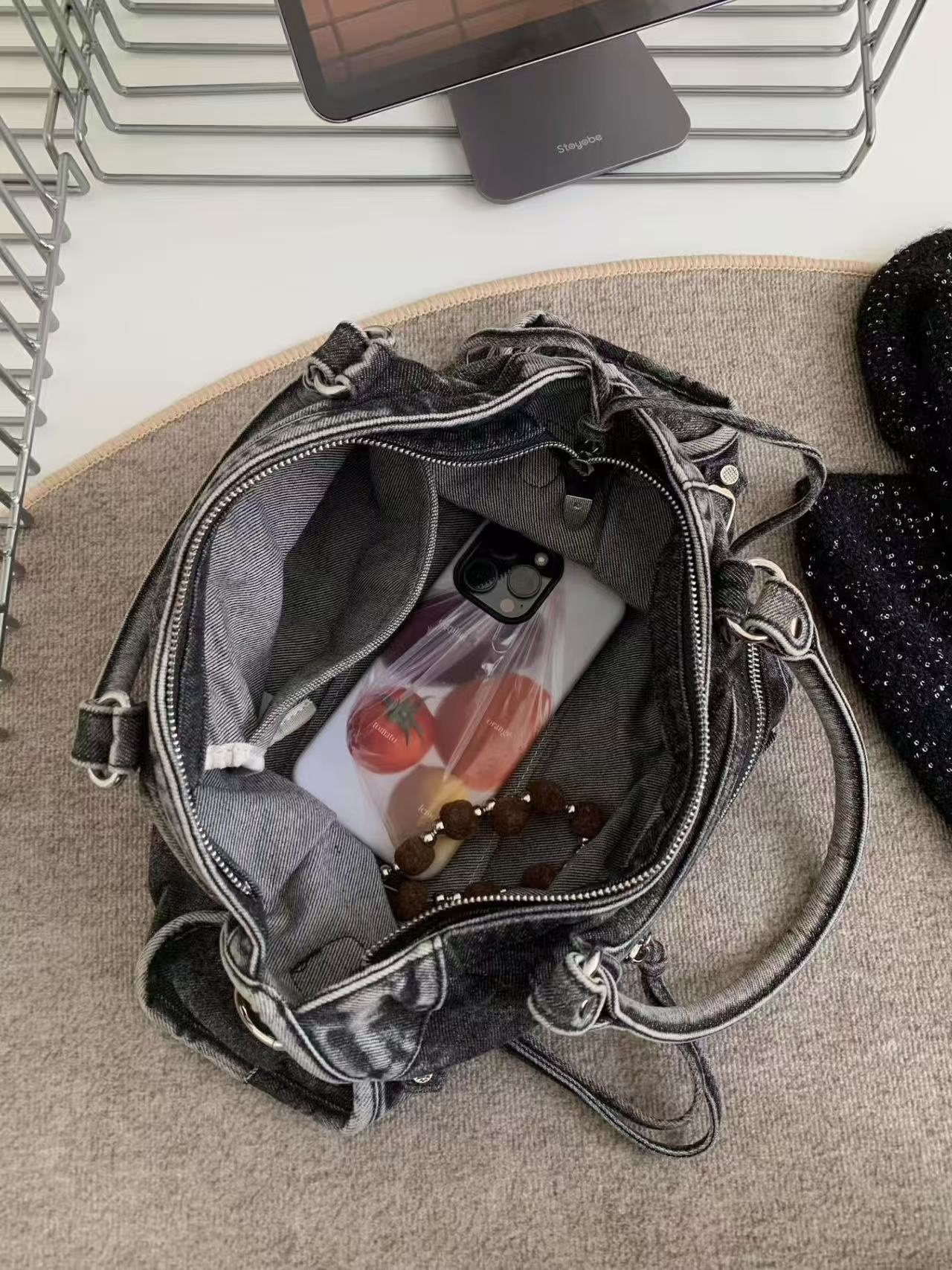 Vintage Washed Denim Moto City Bag