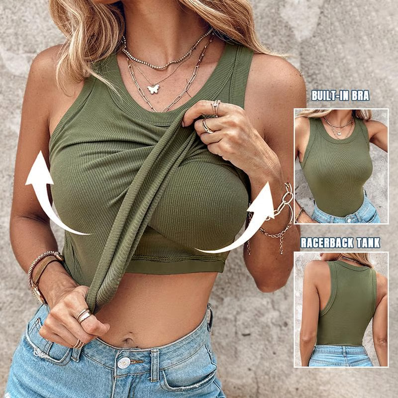 🍃Round Neck Built-in Bra Ribbed Tank Top Fit Casual Comfortable💥