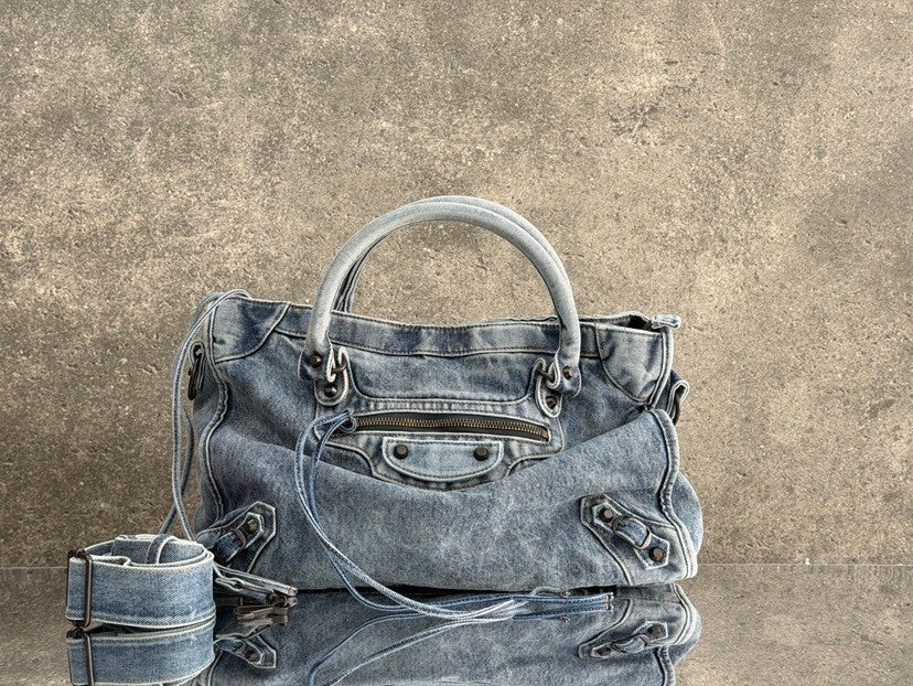 Vintage Washed Denim Moto City Bag